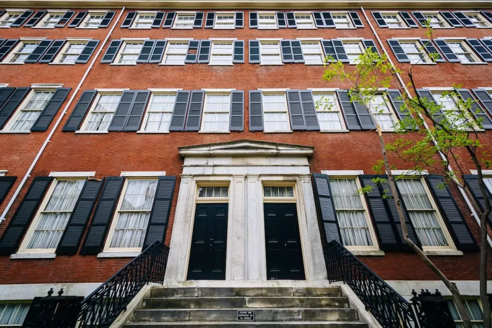 Historic brick buildings along Spruce Street in Washington Square West, Philadelphia, Pennsylvania.